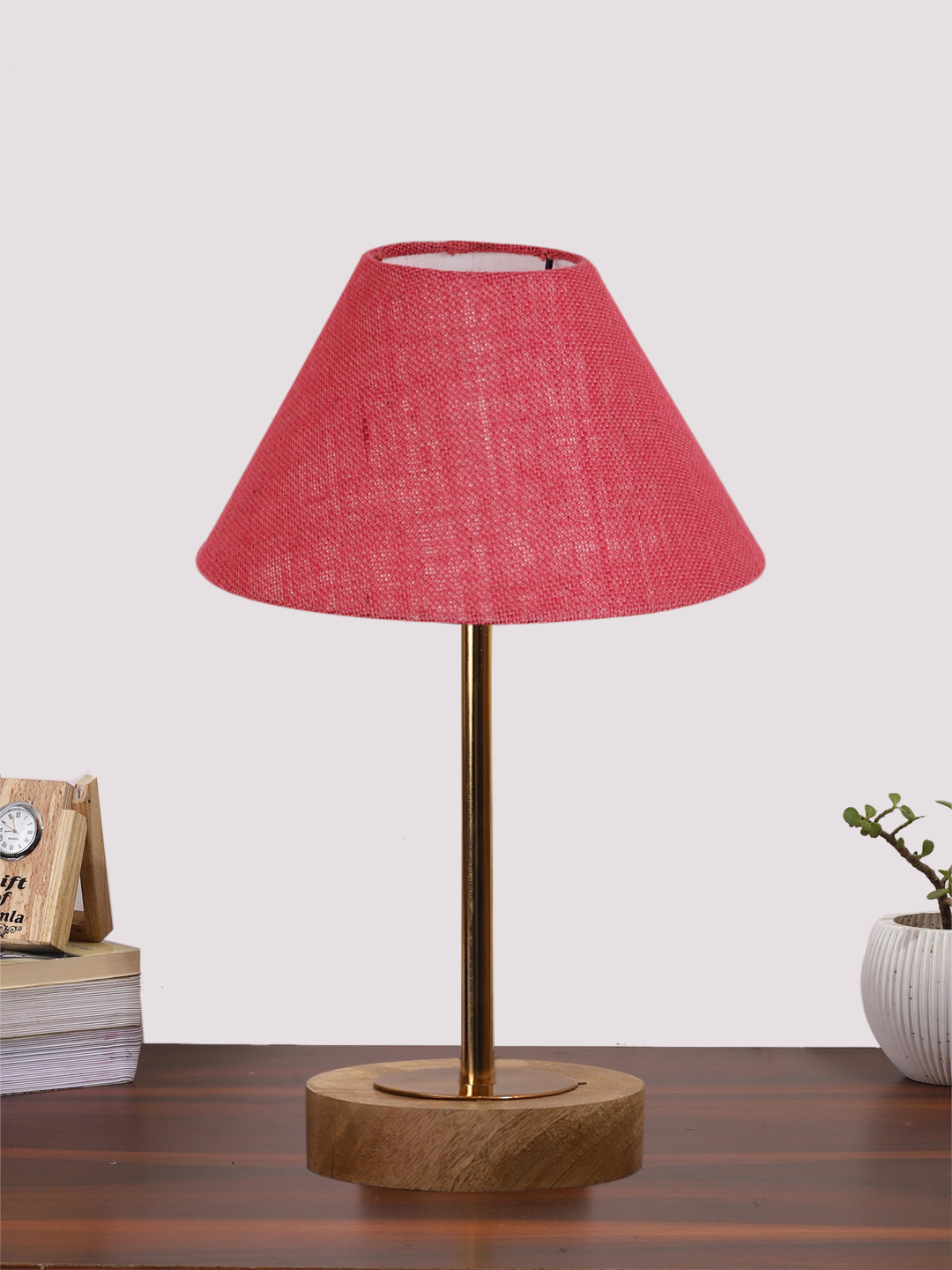 Ambika Home Luxury Premium Devansh Pink Jute table lamp with Natural Wood Base & Golden Pipe (10X16.25 inches)-35 Lamp with Pink Shade for Living Room, Bedroom & Hallway