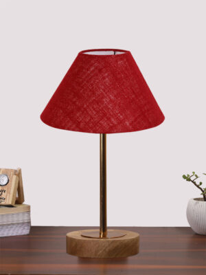 Ambika Home Luxury Premium Devansh Maroon Jute table lamp with g Natural  Wood Base  & Golden Pipe (10X16.25 inches)-36 Lamp with Maroon Shade for Living Room, Bedroom & Hallway