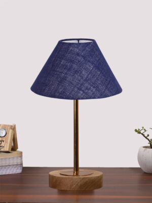 Ambika Home Luxury Premium Devansh Blue Jute table lamp with Natural  Wood Base  & Golden Pipe (10X16.25 inches)-37 Lamp with Blue Shade for Living Room, Bedroom & Hallway