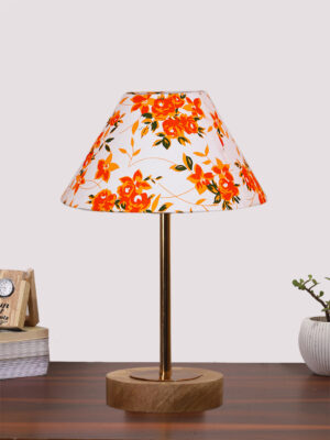 Ambika Home Luxury Premium Devansh Multicolor cotton table lamp with  Natural  Wood Base  & Golden Pipe (10X16.25 inches)-39 Lamp with Multi Shade for Living Room, Bedroom & Hallway