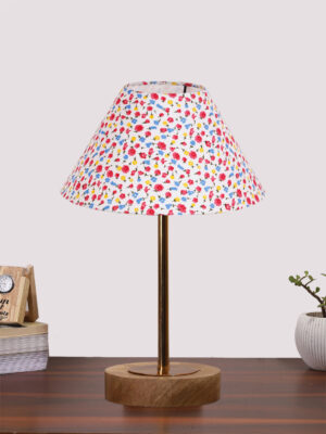 Ambika Home Luxury Premium Devansh Multicolor cotton table lamp with  Natural  Wood Base  & Golden Pipe (10X16.25 inches)-40 Lamp with Multi Shade for Living Room, Bedroom & Hallway