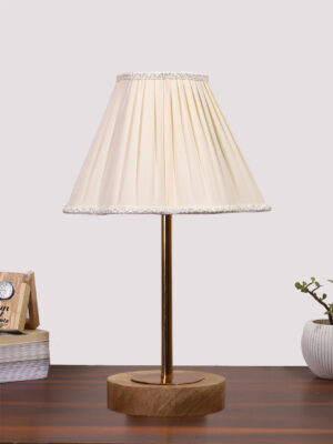 Ambika Home Luxury Premium Devansh Off-white cotton Vintage  lamp with Natural  Wood Base  & Golden Pipe  (12x8x19.25) Lamp with Off-white Shade for Living Room, Bedroom & Hallway