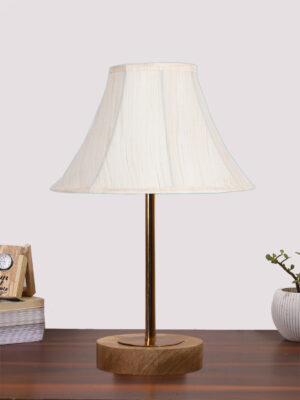 Ambika Home Luxury Premium Devansh Off-white cotton Vintage  lamp with Natural  Wood Base  & Golden Pipe  (12x17.75) Lamp with off-white Shade for Living Room, Bedroom & Hallway