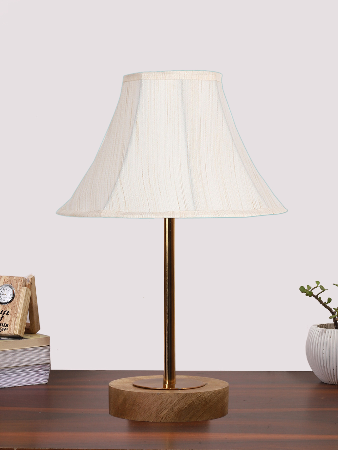 Ambika Home Luxury Premium Devansh Off-white cotton Vintage lamp with Natural Wood Base & Golden Pipe (12x17.75) Lamp with off-white Shade for Living Room, Bedroom & Hallway