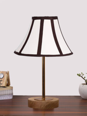 Ambika Home Luxury Premium Devansh Off-white cotton Vintage  lamp with Natural  Wood Base  & Golden Pipe  (12x17.75) Lamp with off-white Shade for Living Room, Bedroom & Hallway