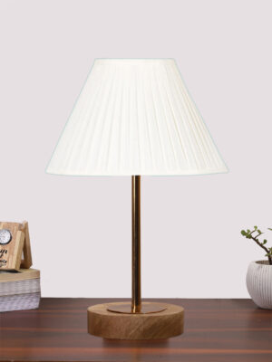 Ambika Home Luxury Premium Devansh Off-white cotton Vintage lamp with Natural Wood Base & Golden Pipe (12x17.75) Lamp with Multi Shade for Living Room, Bedroom & Hallway