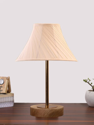 Ambika Home Luxury Premium Devansh Off-white cotton Vintage Straight Pleated lamp with Natural Wood Base & Golden Pipe (12x19) Lamp with off-white Shade for Living Room, Bedroom & Hallway