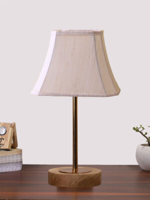 Ambika Home Luxury Premium Devansh Off-white cotton Vintage Curtain Pleated lamp with Natural Wood Base & Golden Pipe (12x17.75) Lamp with off-white Shade for Living Room, Bedroom & Hallway