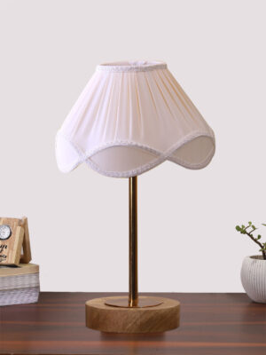 Ambika Home Luxury Premium Devansh Off-white cotton Vintage lamp with Natural Wood Base & Golden Pipe (12x19.25) Lamp with off-white Shade for Living Room, Bedroom & Hallway