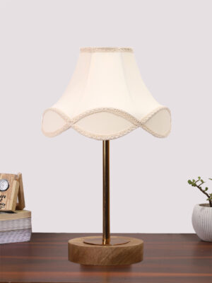 Ambika Home Luxury Premium Devansh Off-white cotton Vintage lamp with Natural Wood Base & Golden Pipe (12x19.25) Lamp with off-white Shade for Living Room, Bedroom & Hallway