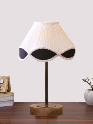 Ambika Home Luxury Premium Devansh Multi-Color cotton Vintage lamp with Natural Wood Base & Golden Pipe (12x19.25) Lamp with off-white Shade for Living Room, Bedroom & Hallway