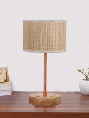 Ambika Home Luxury Premium Devansh Bamboo table lamp with Natural Wood Base & Copper Pipe -(7X17 inches)-1 Lamp with Beige Shade for Living Room, Bedroom & Hallway