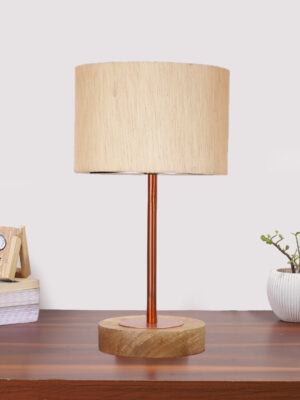 Ambika Home Luxury Premium Devansh off white cotton table lamp with Natural Wood Base & Copper Pipe (7X17 inches)-2 Lamp with off-white Shade for Living Room, Bedroom & Hallway