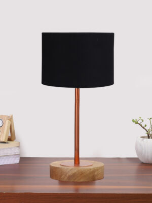 Ambika Home Luxury Premium Devansh Black cotton table lamp with  Natural  Wood Base  & Copper Pipe (7X17 inches)-3 Lamp with Black Shade for Living Room, Bedroom & Hallway