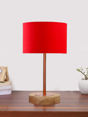 Ambika Home Luxury Premium Devansh Red cotton table lamp with  Natural  Wood Base  & Copper Pipe (7X17 inches)-4 Lamp with Red Shade for Living Room, Bedroom & Hallway