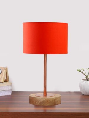 Ambika Home Luxury Premium Devansh Orange cotton table lamp with  Natural  Wood Base  & Copper Pipe (7X17 inches)-5 Lamp with Orange Shade for Living Room, Bedroom & Hallway