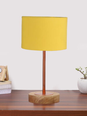 Ambika Home Luxury Premium Devansh Yellow cotton table lamp with  Natural  Wood Base  & Copper Pipe (7X17 inches)-6 Lamp with Yellow Shade for Living Room, Bedroom & Hallway