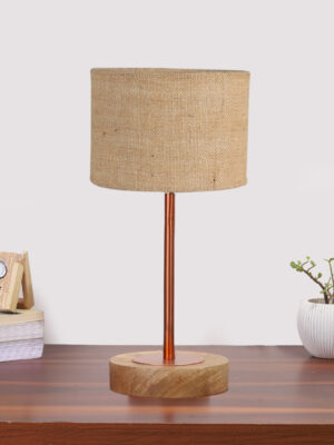 Ambika Home Luxury Premium Devansh Beige Jute table lamp with  Natural  Wood Base  & Copper Pipe (7X17 inches)-9 Lamp with Beige Shade for Living Room, Bedroom & Hallway