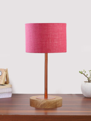 Ambika Home Luxury Premium Devansh Pink Jute table lamp with  Natural  Wood Base  & Copper Pipe (7X17 inches)-11 Lamp with Pink Shade for Living Room, Bedroom & Hallway