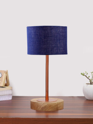 Ambika Home Luxury Premium Devansh Blue Jute table lamp with Natural  Wood Base  & Copper Pipe (7X17 inches)-13 Lamp with Blue Shade for Living Room, Bedroom & Hallway