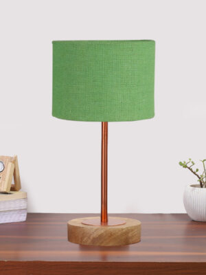 Ambika Home Luxury Premium Devansh Green Jute  table lamp with  Natural  Wood Base  & Copper Pipe (7X17 inches)-17 Lamp with Green Shade for Living Room, Bedroom & Hallway