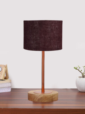 Ambika Home Luxury Premium Devansh Brown Jute   table lamp with  Natural  Wood Base  & Copper Pipe (7X17 inches)-17 Lamp with Brown Shade for Living Room, Bedroom & Hallway