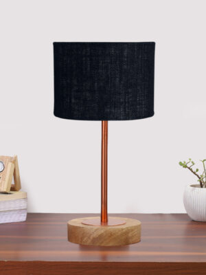 Ambika Home Luxury Premium Devansh Black  Jute   table lamp with  Natural  Wood Base  & Copper Pipe (7X17 inches)-17 Lamp with Black Shade for Living Room, Bedroom & Hallway