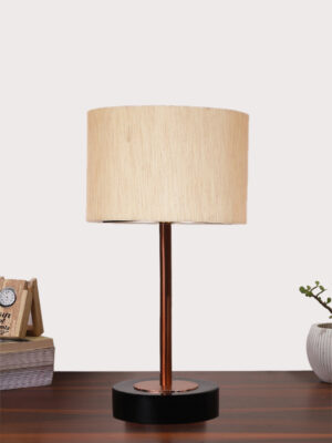 Ambika Home Luxury Premium Devansh off white cotton table lamp with  Black wood base & Copper finish Metal  (7X17 inches)-2 Lamp with off-white Shade for Living Room, Bedroom & Hallway