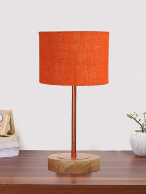 Ambika Home Luxury Premium Devansh Orange  Jute   table lamp with  Natural  Wood Base  & Copper Pipe (7X17 inches)-17 Lamp with Orange Shade for Living Room, Bedroom & Hallway