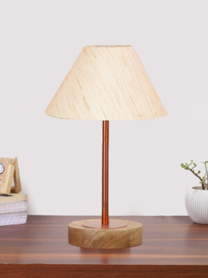 Ambika Home Luxury Premium Devansh off white cotton table lamp with Natural Wood Base & Copper Pipe (10X16.25 inches)-27 Lamp with off-white Shade for Living Room, Bedroom & Hallway