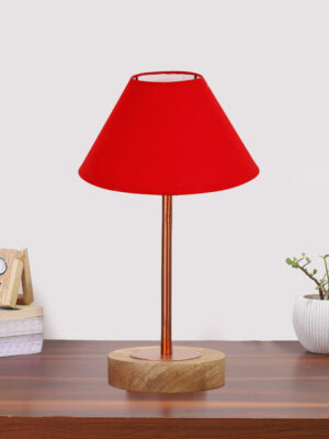 Ambika Home Luxury Premium Devansh Red cotton table lamp with Natural Wood Base & Copper Pipe (10X16.25 inches)-29 Lamp with Red Shade for Living Room, Bedroom & Hallway