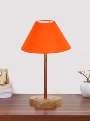 Ambika Home Luxury Premium Devansh Orange cotton table lamp with Natural Wood Base & Copper Pipe -(10X16.25 inches)-30 Lamp with Orange Shade for Living Room, Bedroom & Hallway