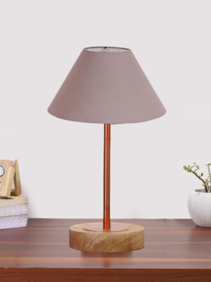 Ambika Home Luxury Premium Devansh Grey cotton table lamp with Natural Wood Base & Copper Pipe (10X16.25 inches)-32 Lamp with Grey Shade for Living Room, Bedroom & Hallway