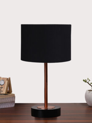 Ambika Home Luxury Premium Devansh Black cotton table lamp with Black wood base & Copper finish Metal (7X17 inches)-3 Lamp with Black Shade for Living Room, Bedroom & Hallway