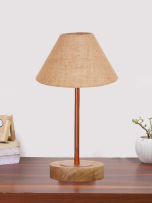 Ambika Home Luxury Premium Devansh Beige Jute table lamp with Natural Wood Base & Copper Pipe & Copper Pipe (10X16.25 inches)-34 Lamp with Beige Shade for Living Room, Bedroom & Hallway