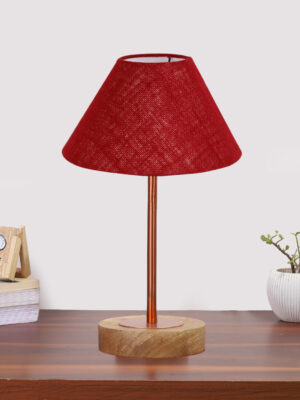 Ambika Home Luxury Premium Devansh Maroon Jute table lamp with g Natural Wood Base & Copper Pipe (10X16.25 inches)-36 Lamp with Maroon Shade for Living Room, Bedroom & Hallway