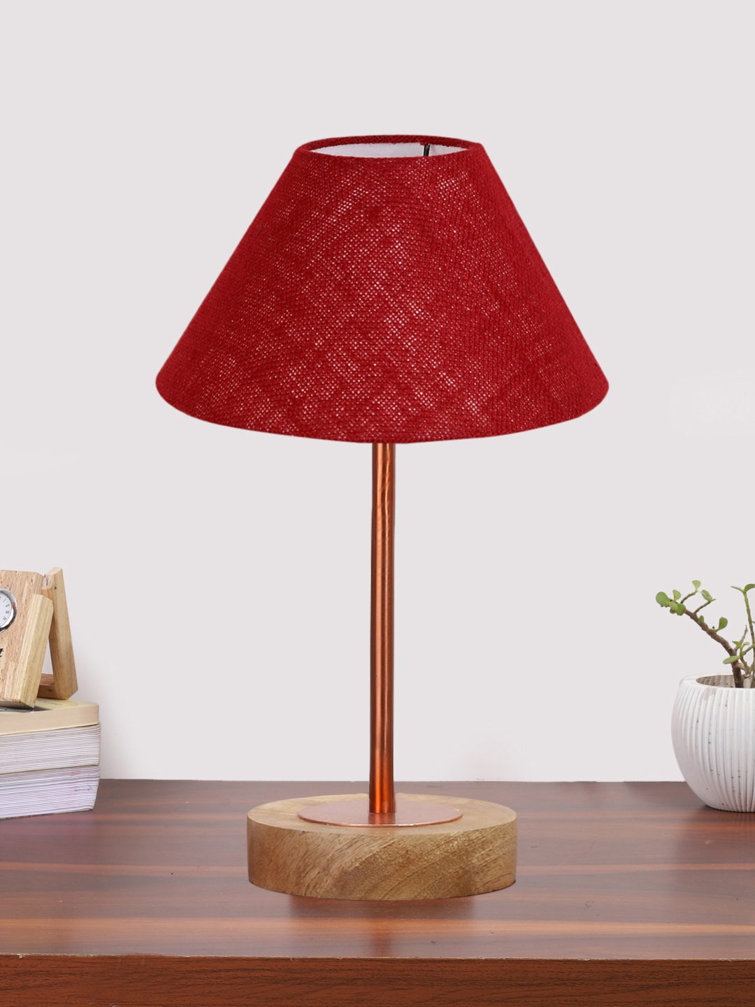 Ambika Home Luxury Premium Devansh Maroon Jute table lamp with g Natural Wood Base & Copper Pipe (10X16.25 inches)-36 Lamp with Maroon Shade for Living Room, Bedroom & Hallway