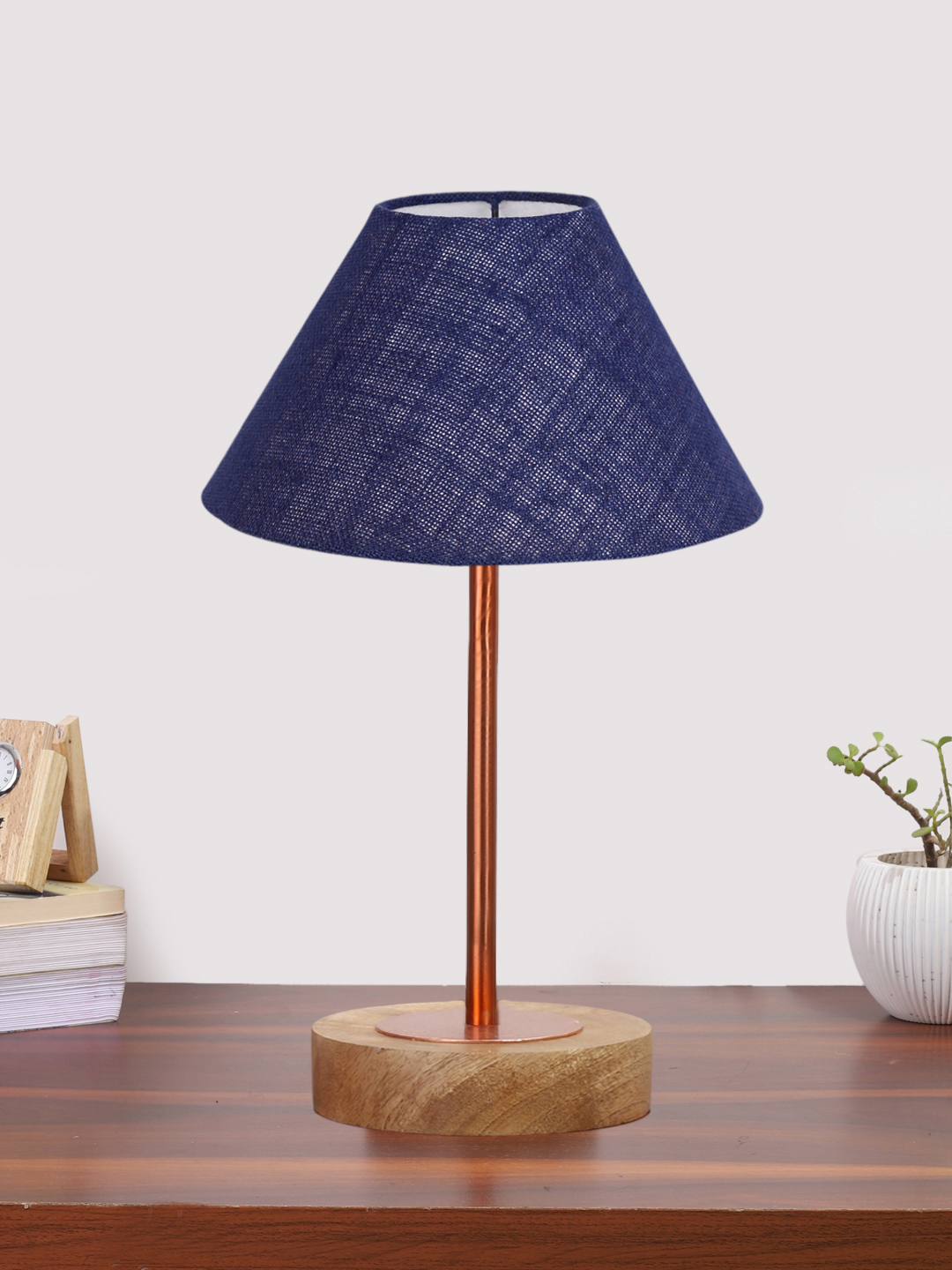 Ambika Home Luxury Premium Devansh Blue Jute table lamp with Natural Wood Base & Copper Pipe (10X16.25 inches)-37 Lamp with Blue Shade for Living Room, Bedroom & Hallway
