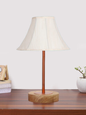 Ambika Home Luxury Premium Devansh Off-white cotton Vintage lamp with Natural Wood Base & Copper Pipe (12x17.75) Lamp with off-white Shade for Living Room, Bedroom & Hallway