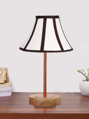 Ambika Home Luxury Premium Devansh Off-white cotton Vintage  lamp with Natural  Wood Base  & Copper Pipe  (12x17.75) Lamp with off-white Shade for Living Room, Bedroom & Hallway