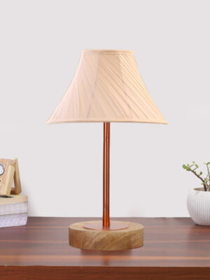 Ambika Home Luxury Premium Devansh Off-white cotton Vintage Straight Pleated   lamp with Natural  Wood Base  & Copper Pipe  (12x19) Lamp with off-white Shade for Living Room, Bedroom & Hallway