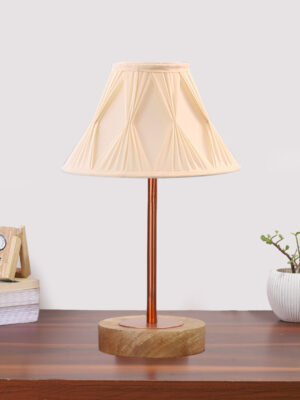 Ambika Home Luxury Premium Devansh Off-white cotton Vintage Cross Pleated   lamp with Natural  Wood Base  & Copper Pipe  (12x17.75) Lamp with off-white Shade for Living Room, Bedroom & Hallway