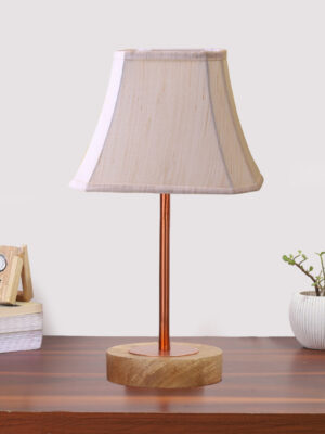 Ambika Home Luxury Premium Devansh Off-white cotton Vintage Curtain Pleated   lamp with Natural  Wood Base  & Copper Pipe  (12x17.75) Lamp with off-white Shade for Living Room, Bedroom & Hallway