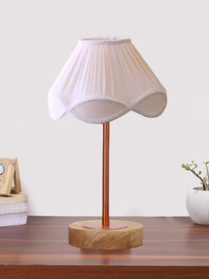 Ambika Home Luxury Premium Devansh Off-white cotton Vintage  lamp with Natural  Wood Base  & Copper Pipe  (12x19.25) Lamp with off-white Shade for Living Room, Bedroom & Hallway
