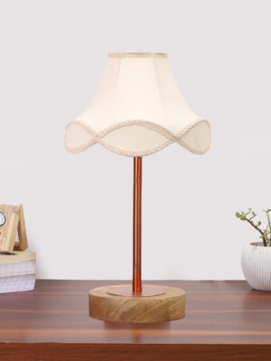 Ambika Home Luxury Premium Devansh Off-white cotton Vintage  lamp with Natural  Wood Base  & Copper Pipe  (12x19.25) Lamp with off-white Shade for Living Room, Bedroom & Hallway