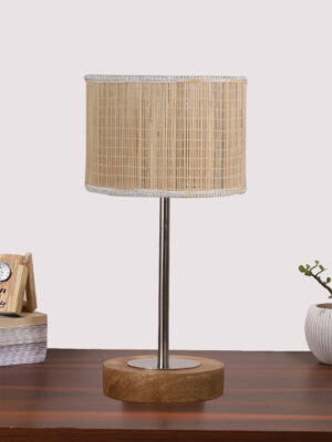 Ambika Home Luxury Premium Devansh Bamboo table lamp with Natural  Wood Base  & Steel Pipe  -(7X17 inches)-1 Lamp with Beige Shade for Living Room, Bedroom & Hallway