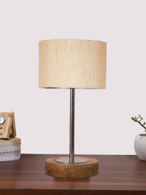 Ambika Home Luxury Premium Devansh off white cotton table lamp with  Natural  Wood Base  & Steel Pipe  (7X17 inches)-2 Lamp with off-white Shade for Living Room, Bedroom & Hallway