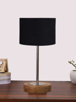 Ambika Home Luxury Premium Devansh Black cotton table lamp with  Natural  Wood Base  & Steel Pipe (7X17 inches)-3 Lamp with Black Shade for Living Room, Bedroom & Hallway