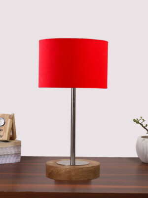 Ambika Home Luxury Premium Devansh Red cotton table lamp with  Natural  Wood Base  & Steel Pipe (7X17 inches)-4 Lamp with Red Shade for Living Room, Bedroom & Hallway