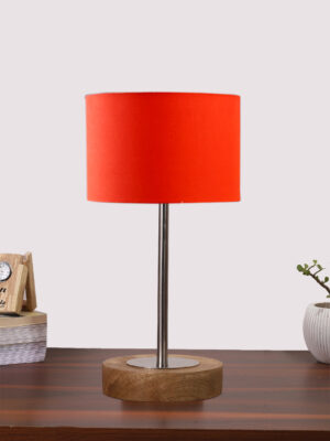 Ambika Home Luxury Premium Devansh Orange cotton table lamp with  Natural  Wood Base  & Steel Pipe (7X17 inches)-5 Lamp with Orange Shade for Living Room, Bedroom & Hallway